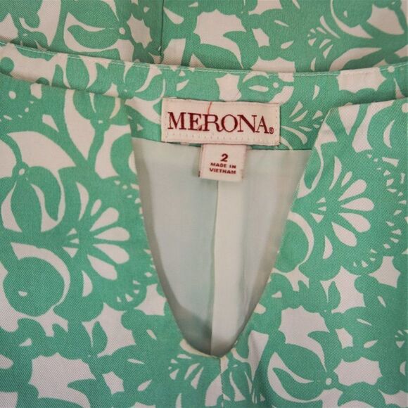Merona Floral Paisley Dress Empire Waist Side Zip Pullover Sz 2 Aqua Green White - Picture 9 of 9